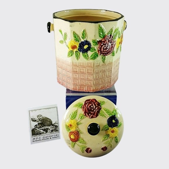Canister with Lid Raised Floral Geometric Design Decagon Shape Ceramic Vintage - Picture 3 of 9